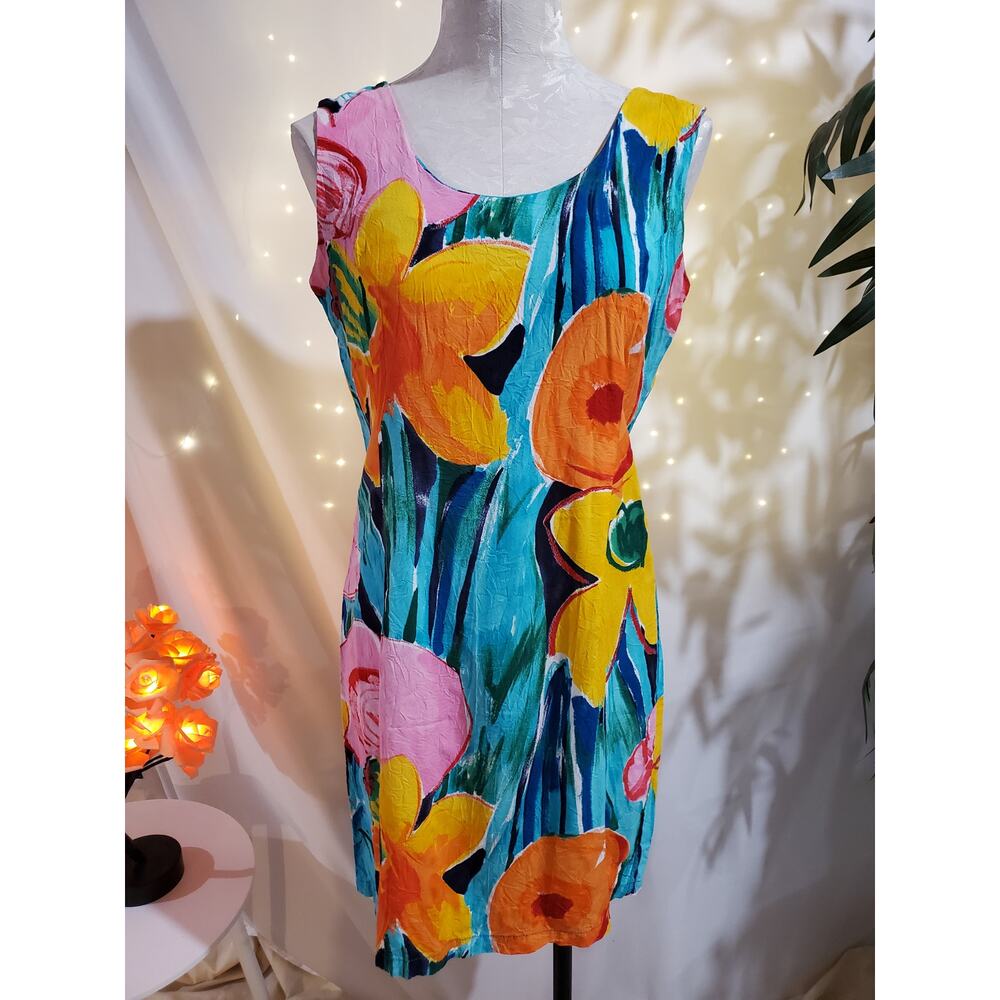 Jams World Vintage 90s Floral Colorful Sleeveless Art Midi Dress Womens Size 9